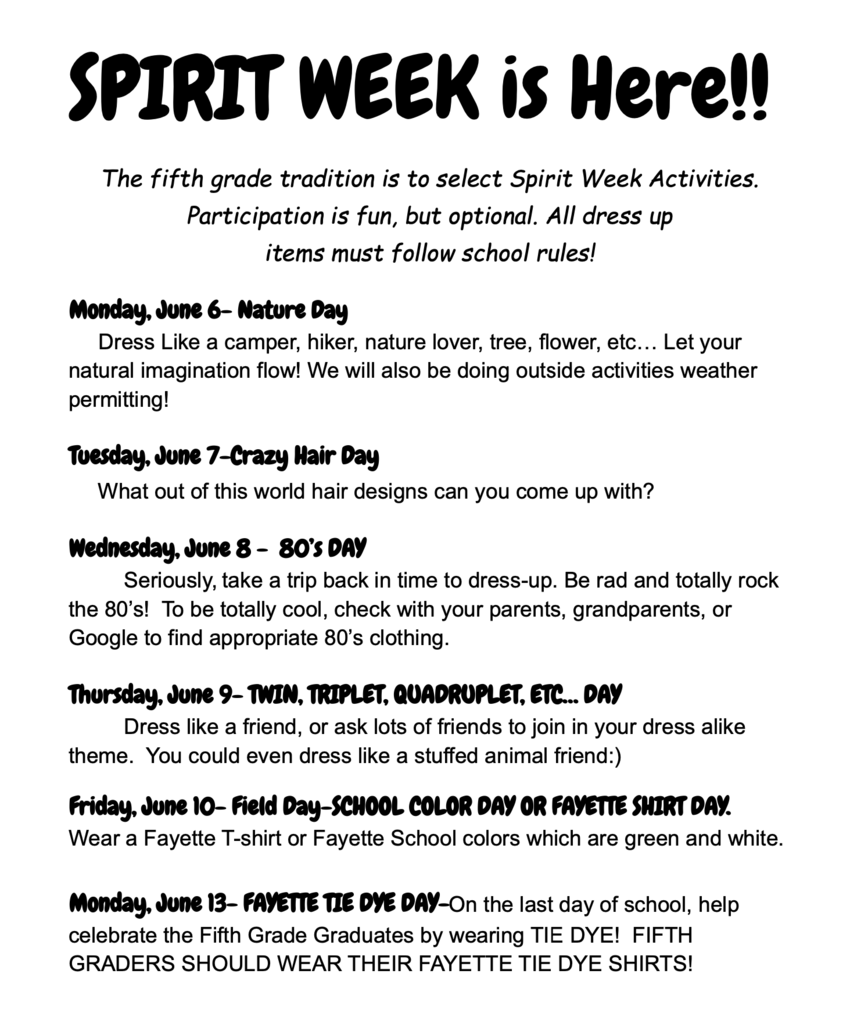 Spirit Week Schedule